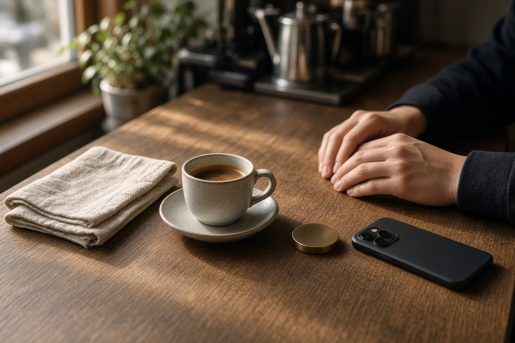 A calm cafe counter in warm window light, ready for a simple payment.