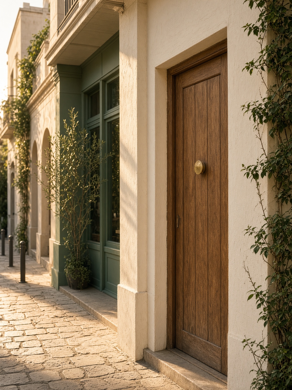 A quiet coastal street of independent shops in warm afternoon light.